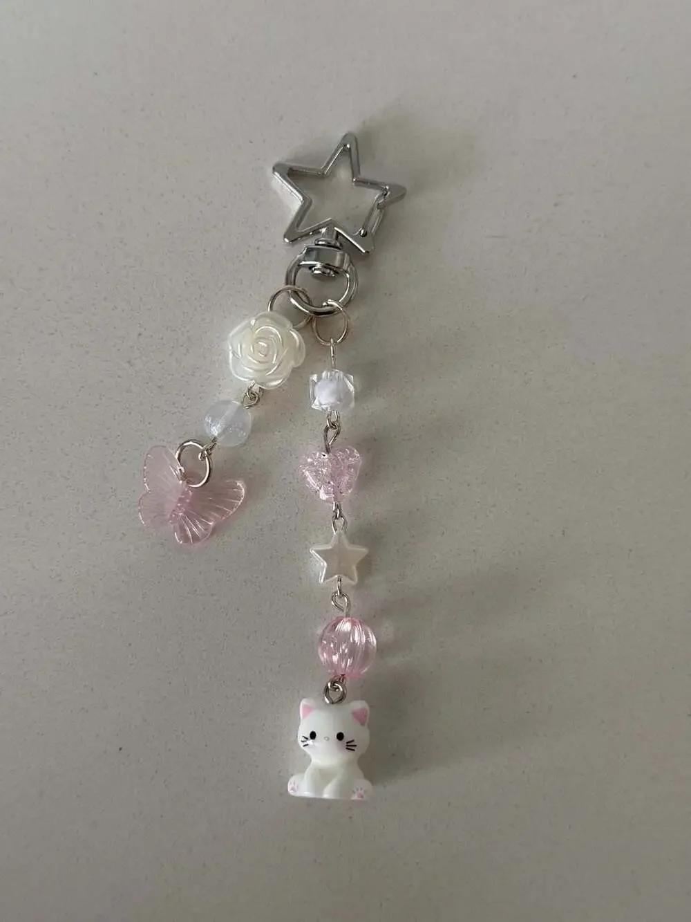 Handmade Y2K Aesthetic Cat and Butterfly Beaded Charm Keychain